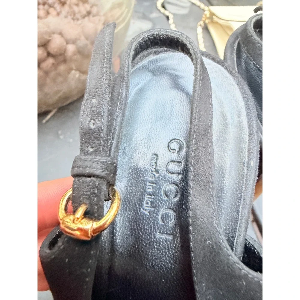 Gucci Black Suede Patent Leather Platform Slingback Stiletto Heels Sandals 36